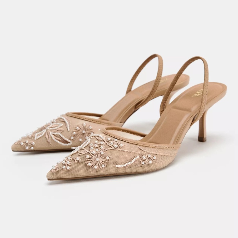 Zara Beige Floral Embroidered Heels